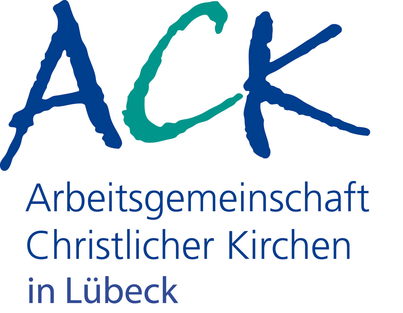 Die Großbuchstaben A in dunkelblauer Farbe, C in grüner Farbe und K ebenso wie A - Darunter der Schriftzug "Arbeitsgemeinschaft Christlicher Kirchen in Lübeck"